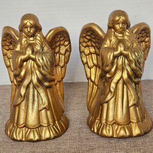 Vintage Ceramic Gold Praying Angels With Open Wings Candle Holders Set of 2